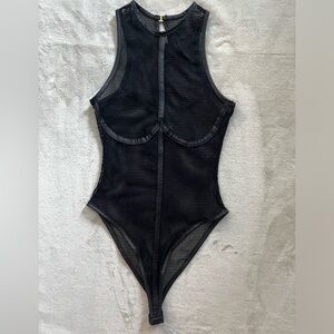Micro Fishnet Mesh Thong Bodysuit with Black Piping Detail, Hook and Eye Closure